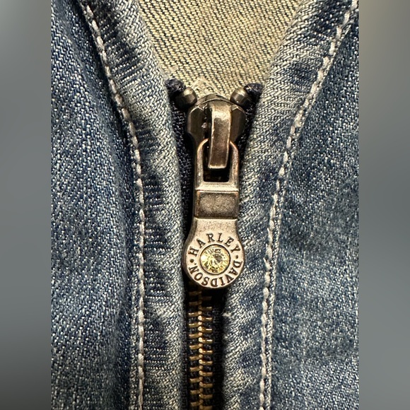Harley Davidson Women Medium Denim Zip Corset Rhinestone Wing Pocket Vest Y2K - Picture 5 of 8